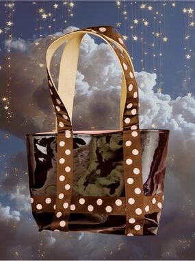Polka Dot Patent Tote Bag - Brown with Pink Accents